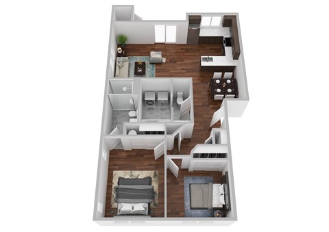 A 3D floor plan of a house with a kitchen, living room, dining room, and bedrooms.